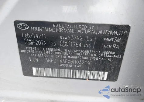2011 Hyundai Elantra Gls z USA, uszkodzony, nr VIN 5NPDH4AEXBH032441